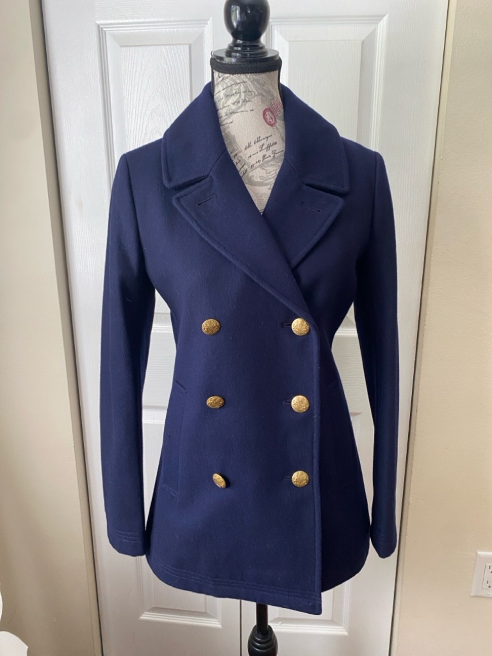 J.Crew Navy Wool Blend Pea Coat Gold Buttons Size 0 Classic Tailored Jacket - Picture 11 of 12